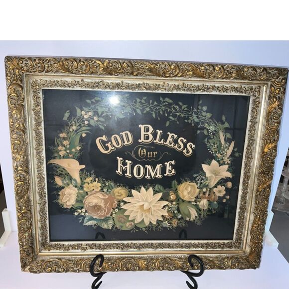 Antique God Bless Our Home Chromolithograph print antique gesso frame must see! - Picture 5 of 8